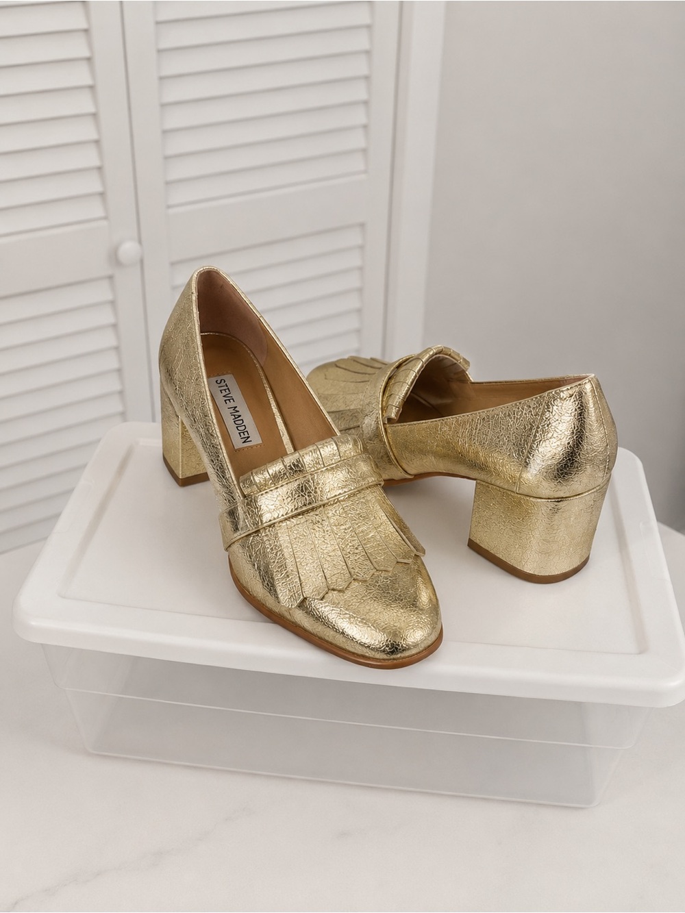 Steve Madden Gold Metallic Kiltie Block Heels